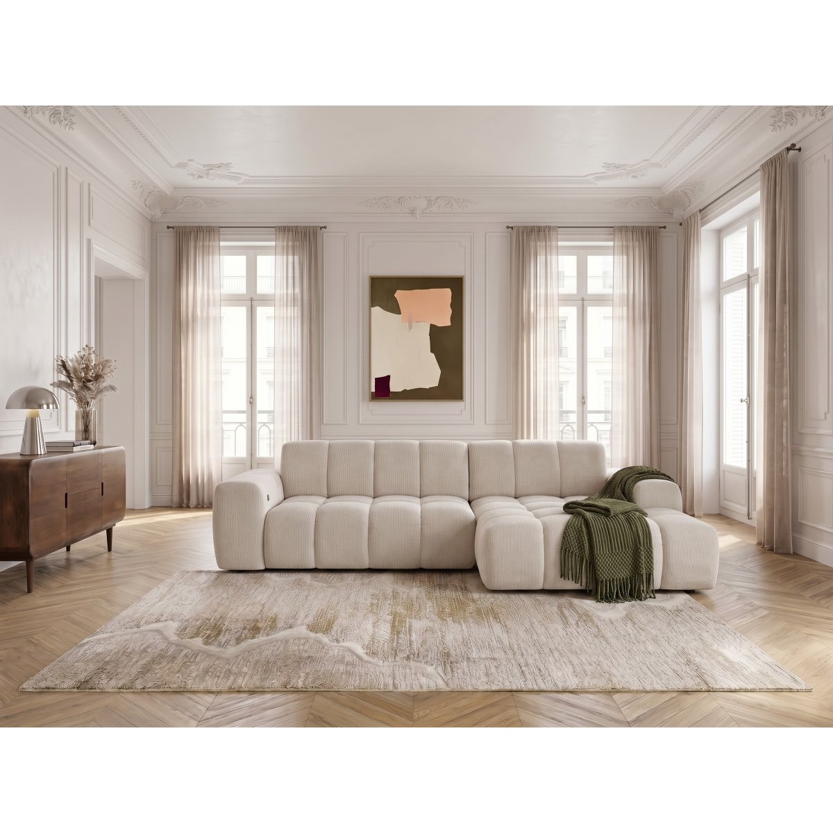 Canapé d'angle convertible 3 places en tissu chenille, THEO beige, BOBOCHIC