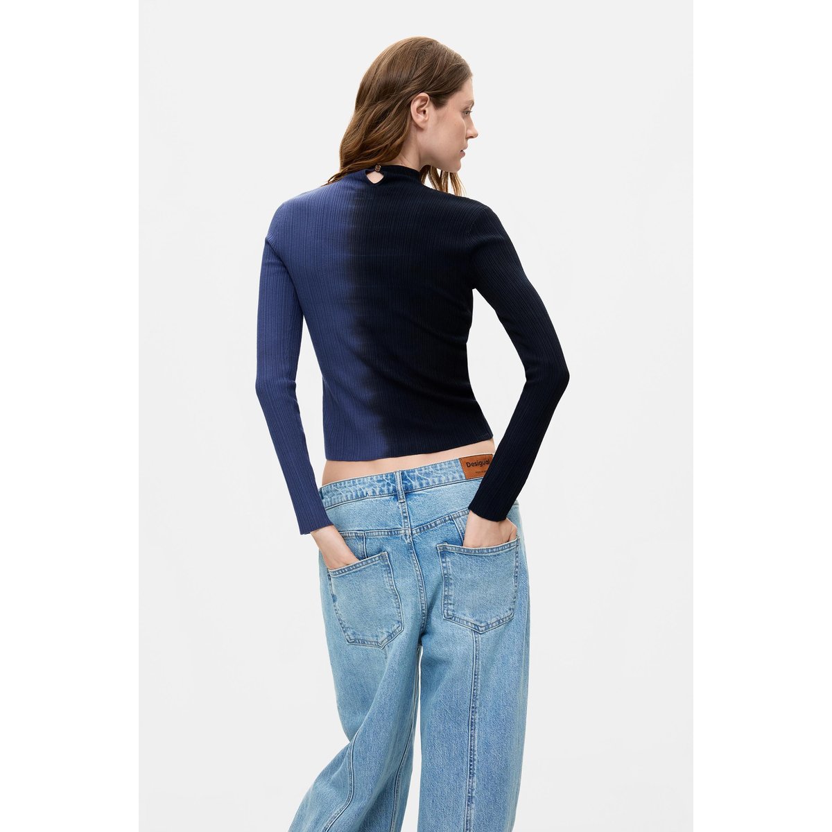 Pull bicolore en maille côtelée bleu, DESIGUAL
