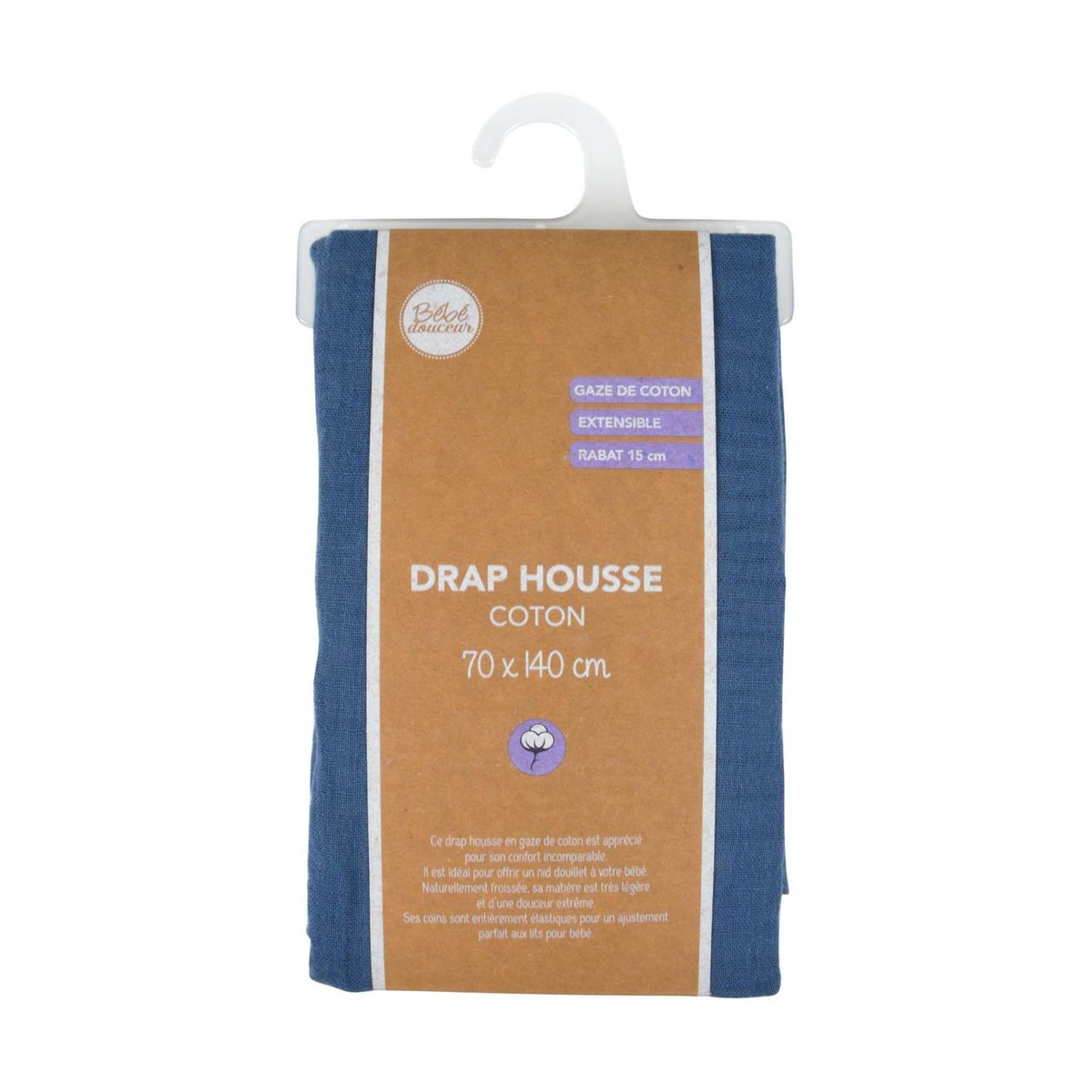 Drap housse bébé grand format en gaze de coton 100% coton bleu, TOILINUX
