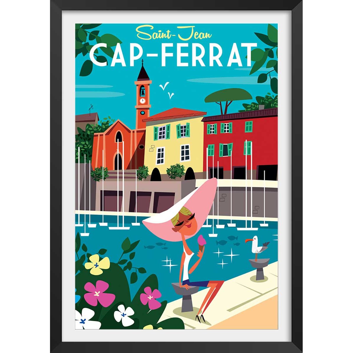 Poster du cap ferrat affiche + cadre en bois - noir, HEXOA
