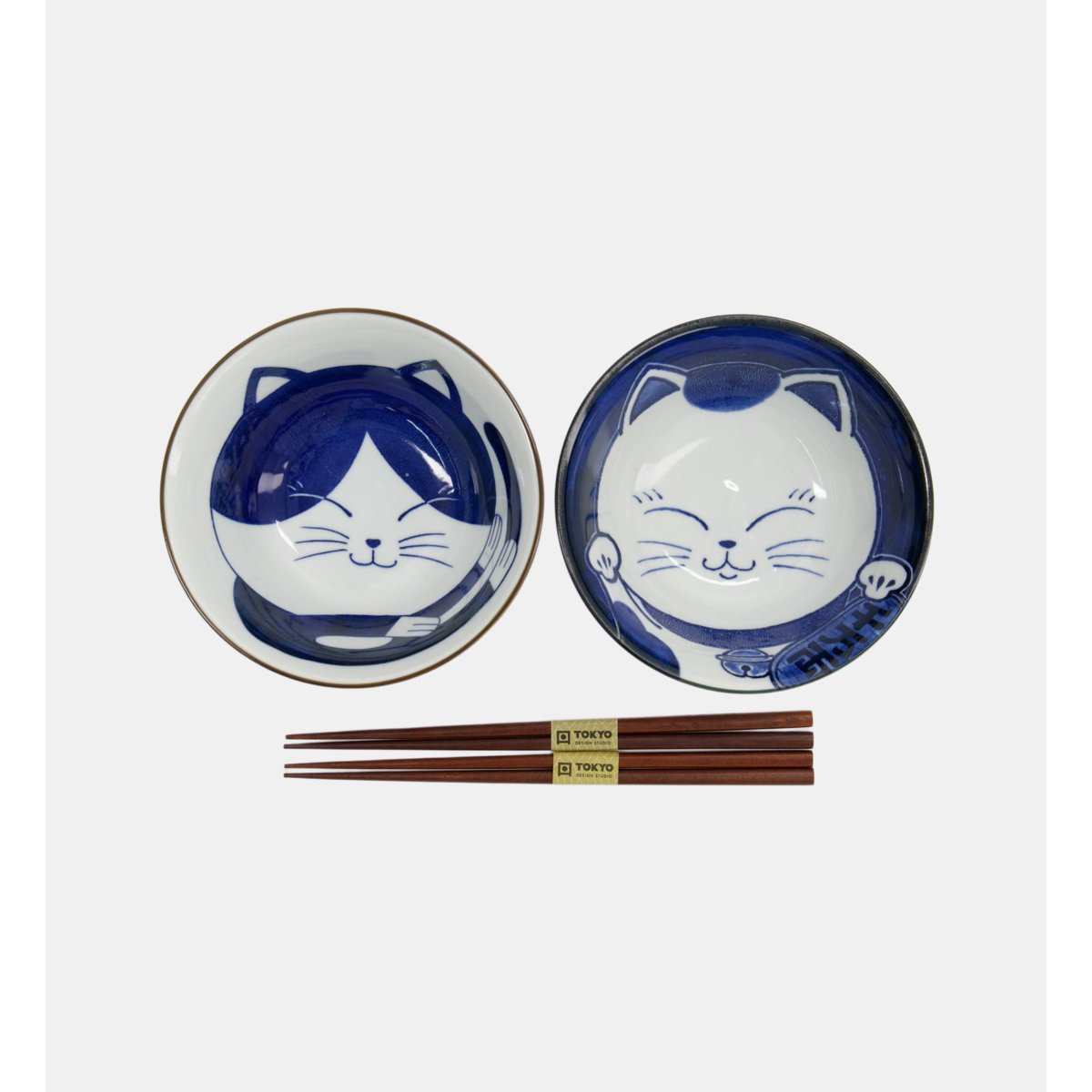 Coffret de 2 bols tayo et 2 paires de baguettes - chat bleu et blanc, TOKYO DESIGN STUDIO