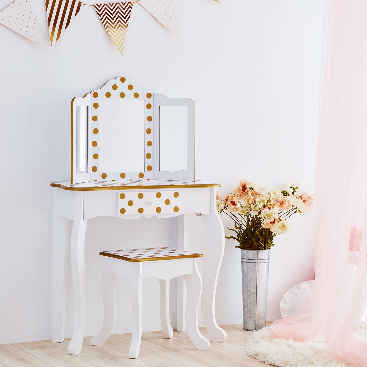 Coiffeuse Tabouret Enfant Bois FASHION PRINTS blanc, TEAMSON KIDS