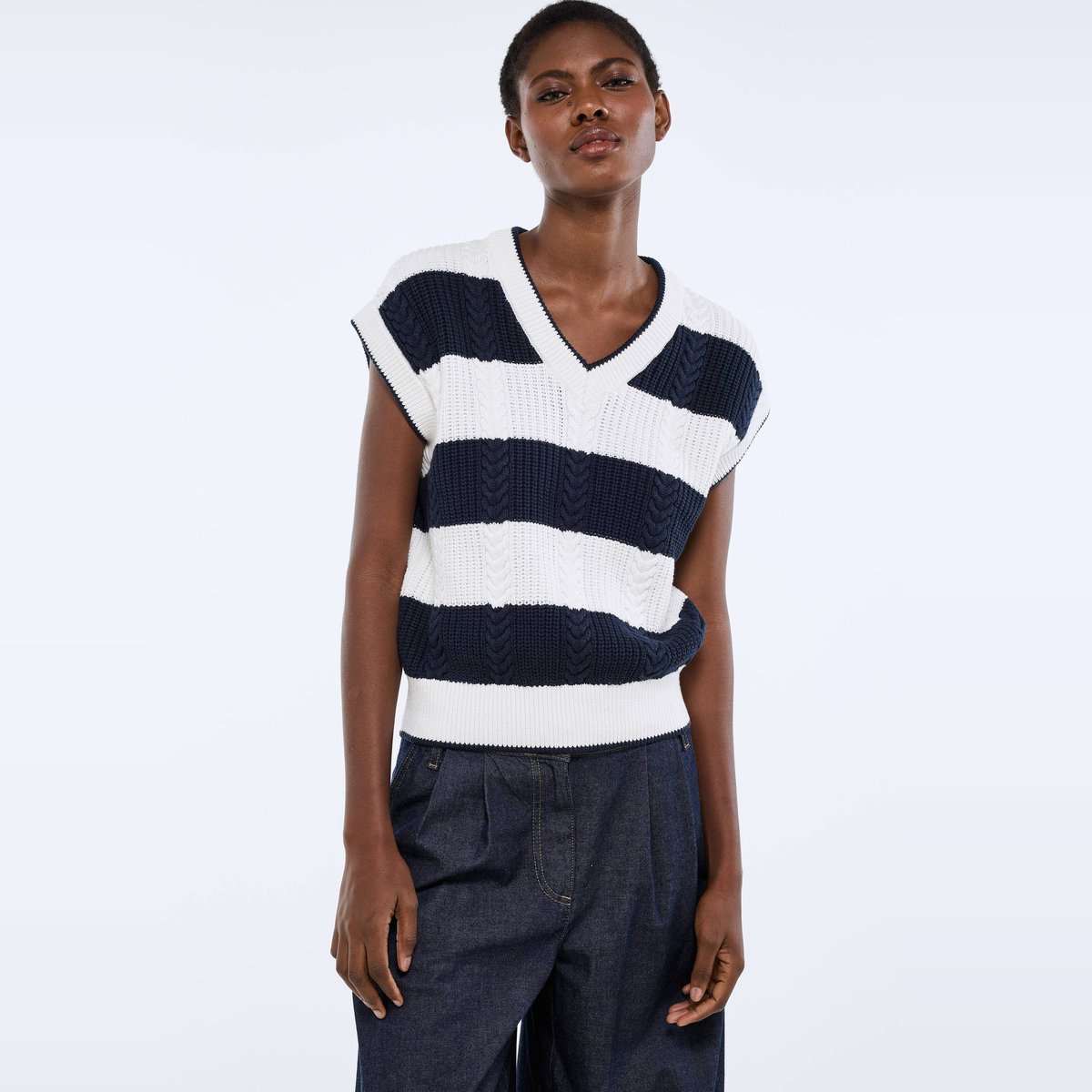 Pull sans manche torsadé en coton BIO GOTS marine, MONOPRIX