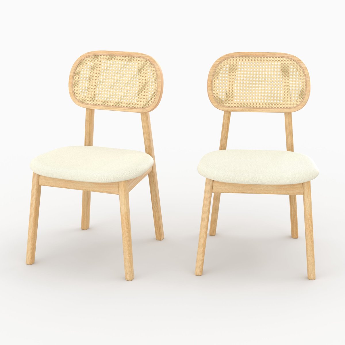 Lot de 2 chaises en bois, tissu et rotin synthétique - MARIA bois clair et beige, MAISON PAVANE