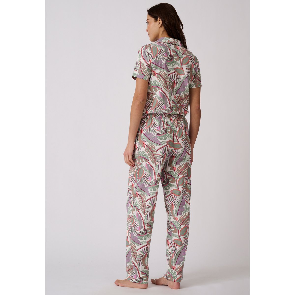 Pantalon de pyjama en maille jersey pur coton marron ecru tropical, DAMART