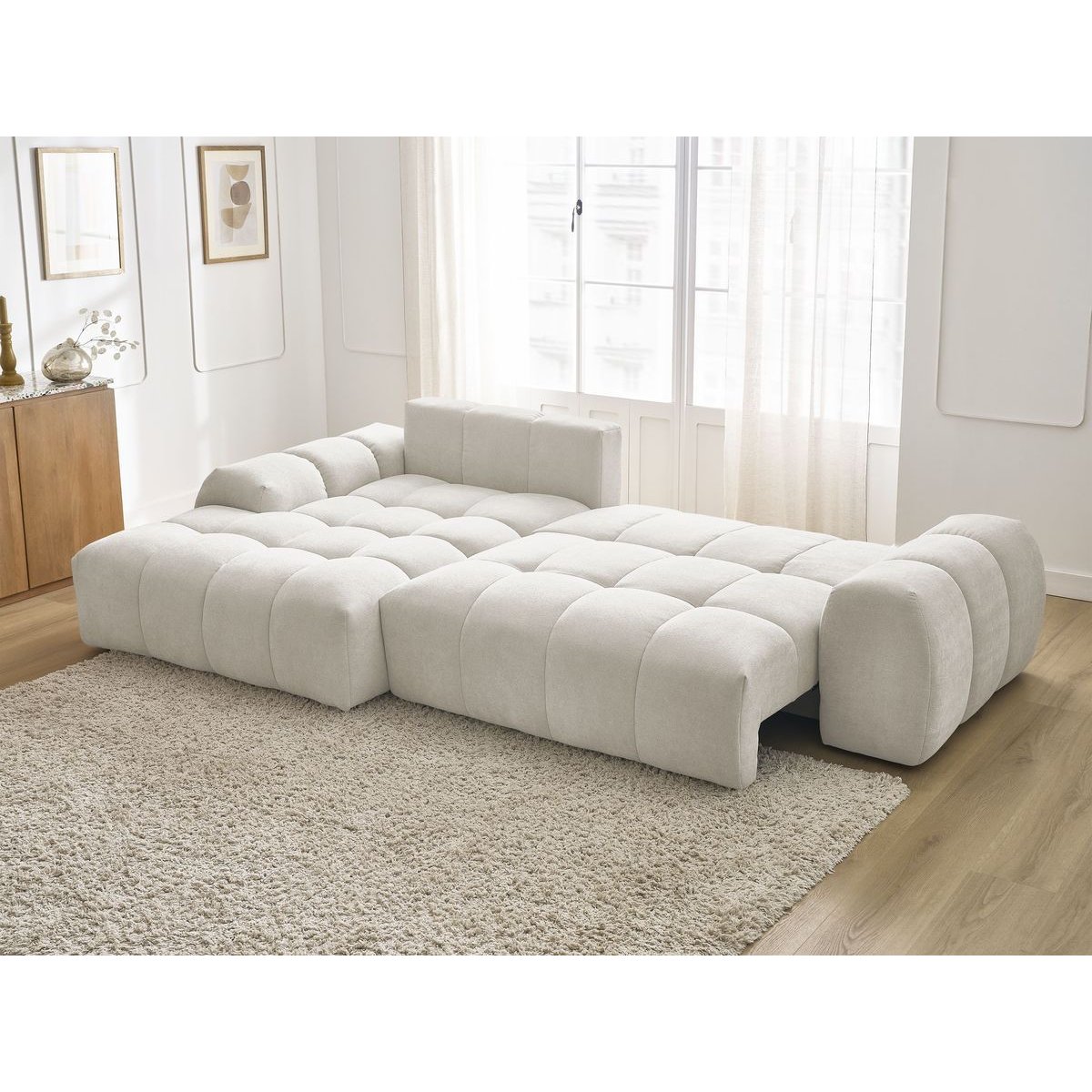 Canapé d'angle convertible 3 places en tissu texturé, EVEREST blanc, BOBOCHIC
