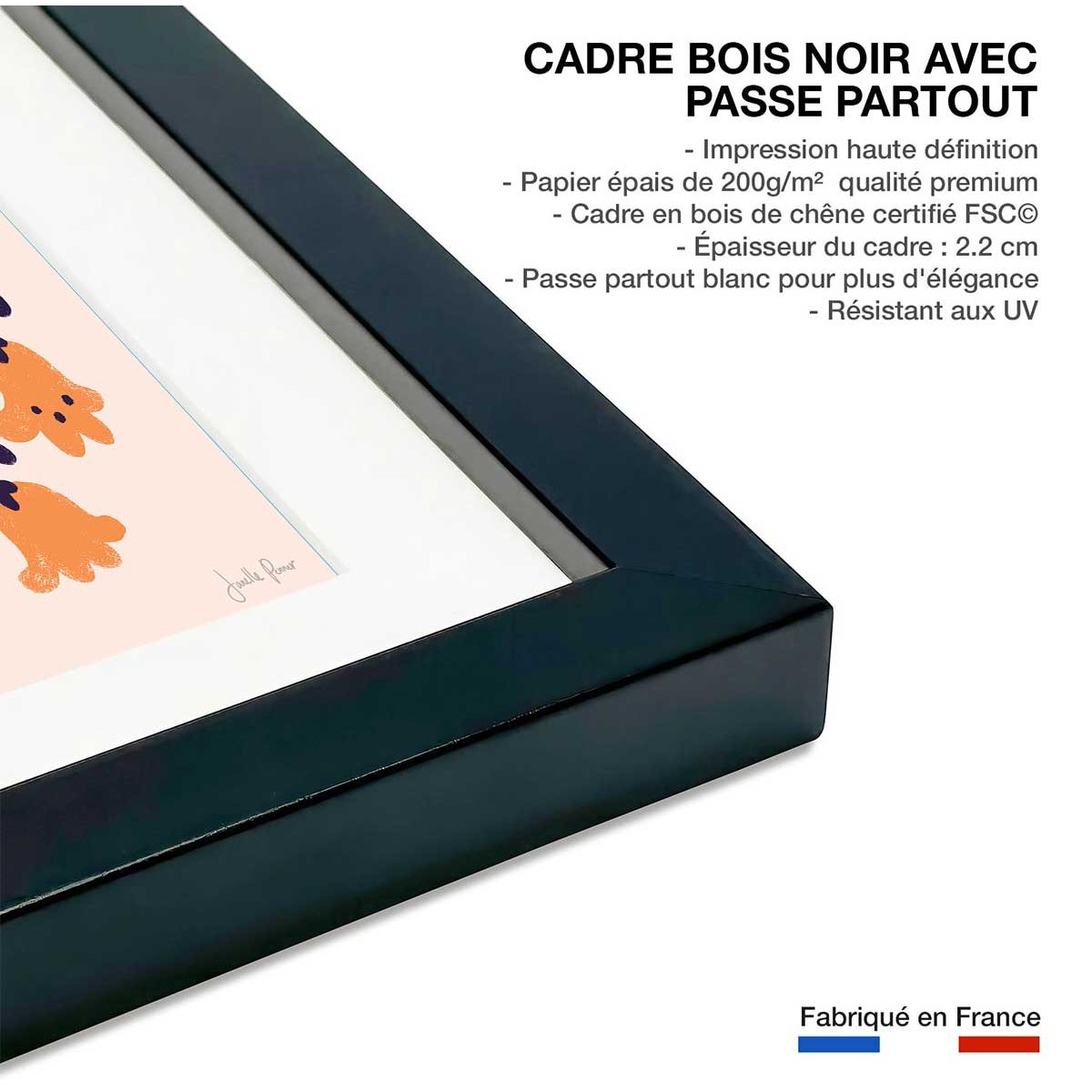 Poster julie fleurs affiche + cadre en bois - noir, HEXOA