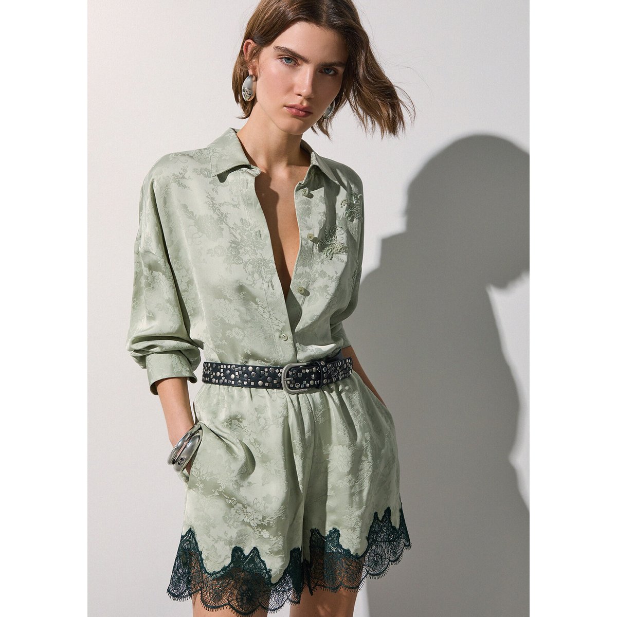 Short Jacquard avec Détails en Dentelle sauge clair, LIU JO