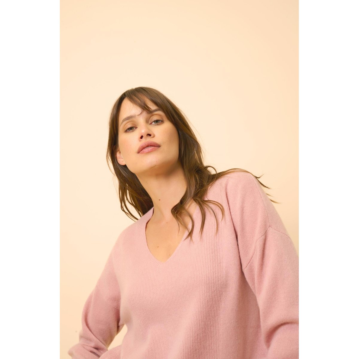 Pull Col V Bois De Rose Birse rose, JUST CASHMERE