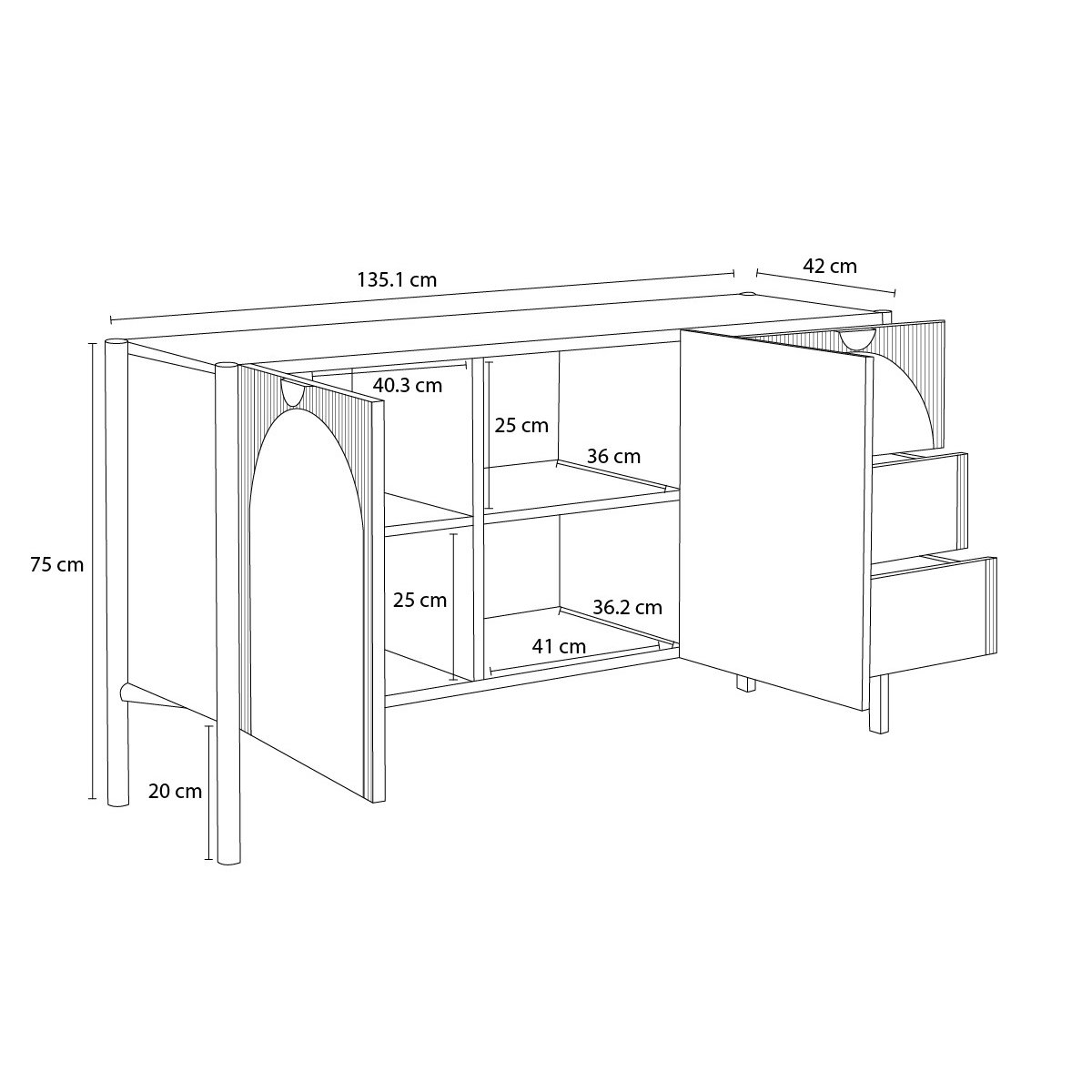 Buffet bas en placage 2 portes 3 tiroirs 135 cm, LOLA marron clair, BOBOCHIC