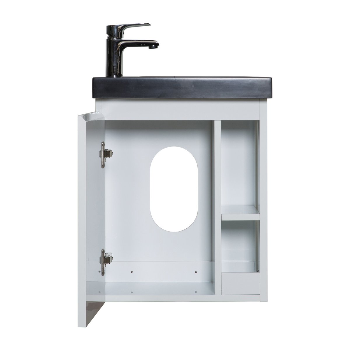 Ensemble lave-mains avec rangement latéral et miroir tablette noire HAMPTON blanc brillant, MOB IN