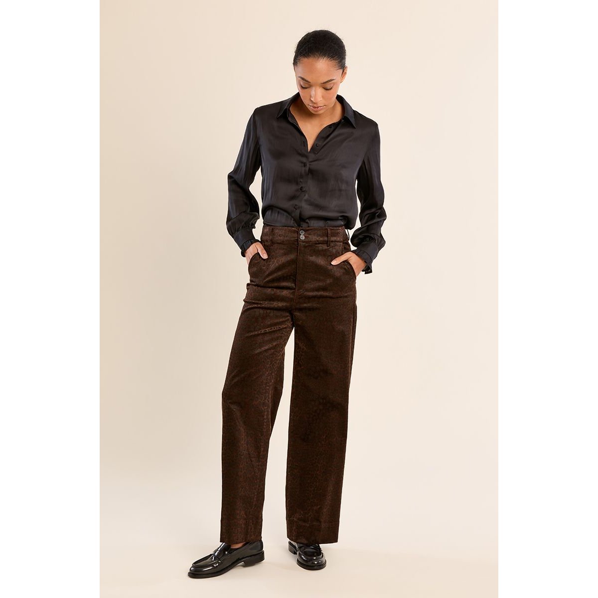 Pantalon satiné imprimé animalier chocolate, MOLLY BRACKEN