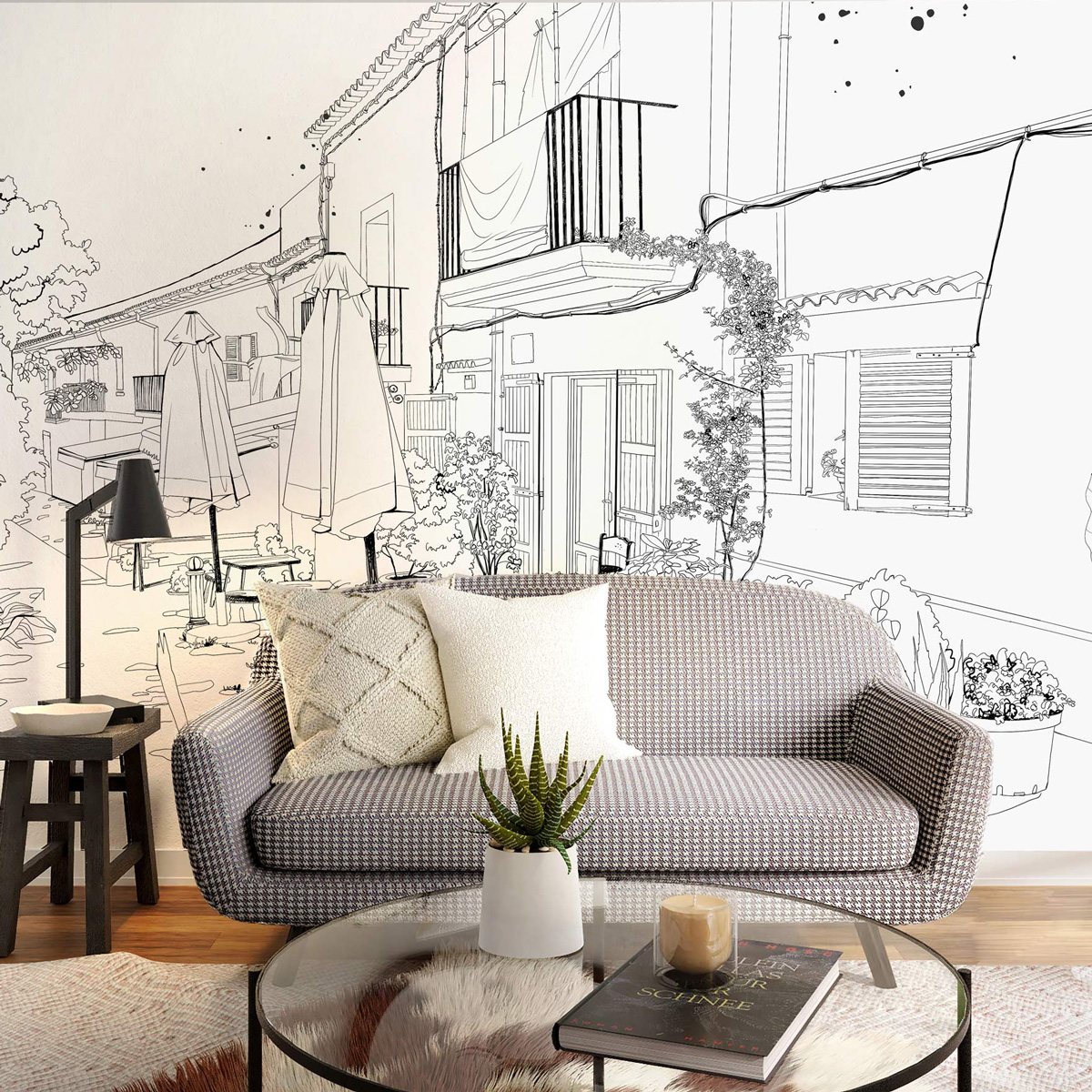 Papier peint panoramique Terrasse d'été, Gris 450 x 250cm noir et blanc, ACTE DECO