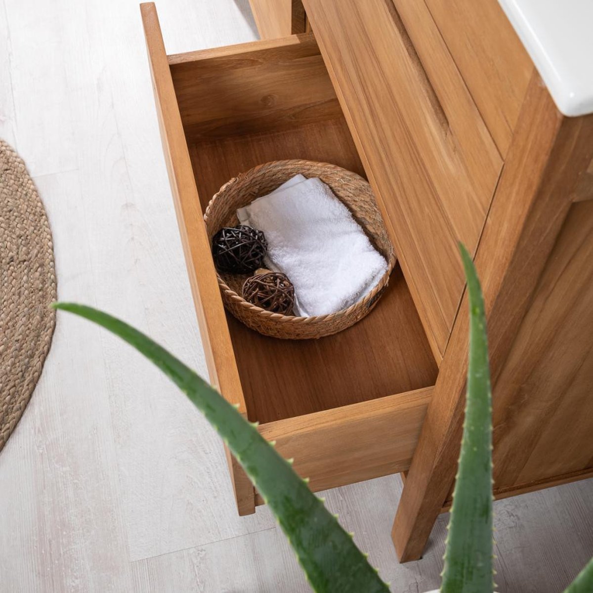 Meuble salle de bain en teck et céramique solo 120 cm SIRA blanc, WANDA COLLECTION