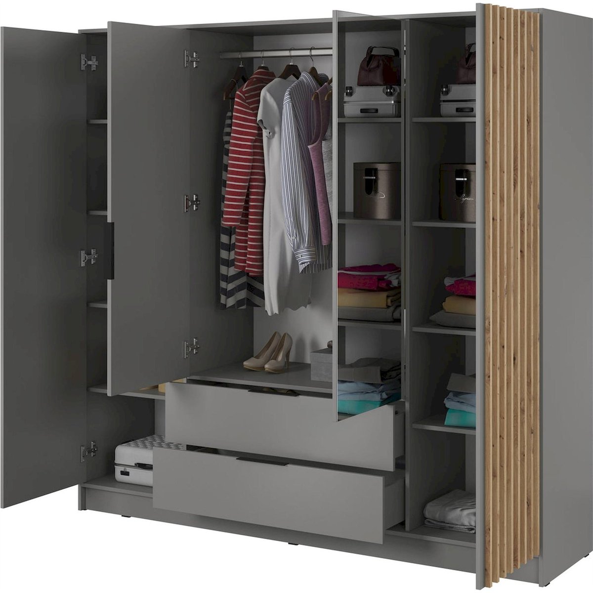 Armoire dressing miroir portes battantes gris et bois clair, RECOLLECTION