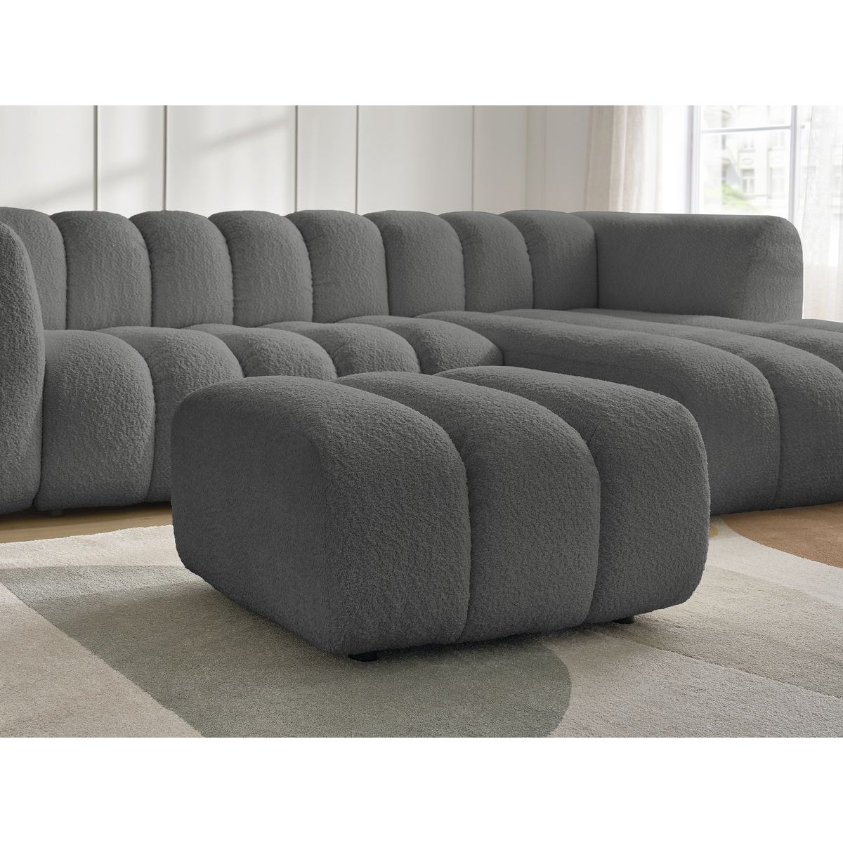 Canapé d'angle fixe 4 places en tissu bouclette avec pouf, TALIA gris foncé, BOBOCHIC