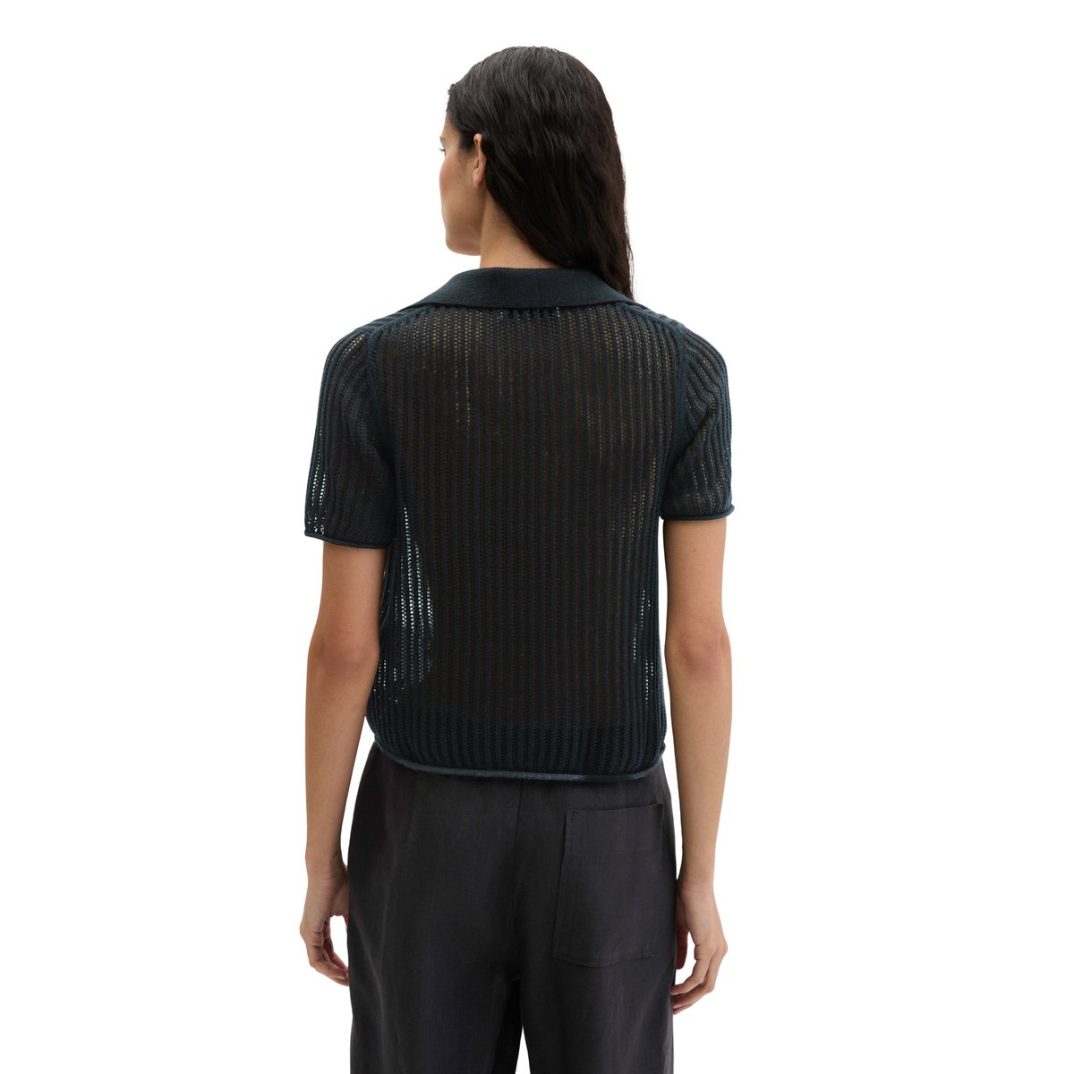 Polo en tricot ajouré régulier en mélange de coton et de lin bio noir, MARC O'POLO