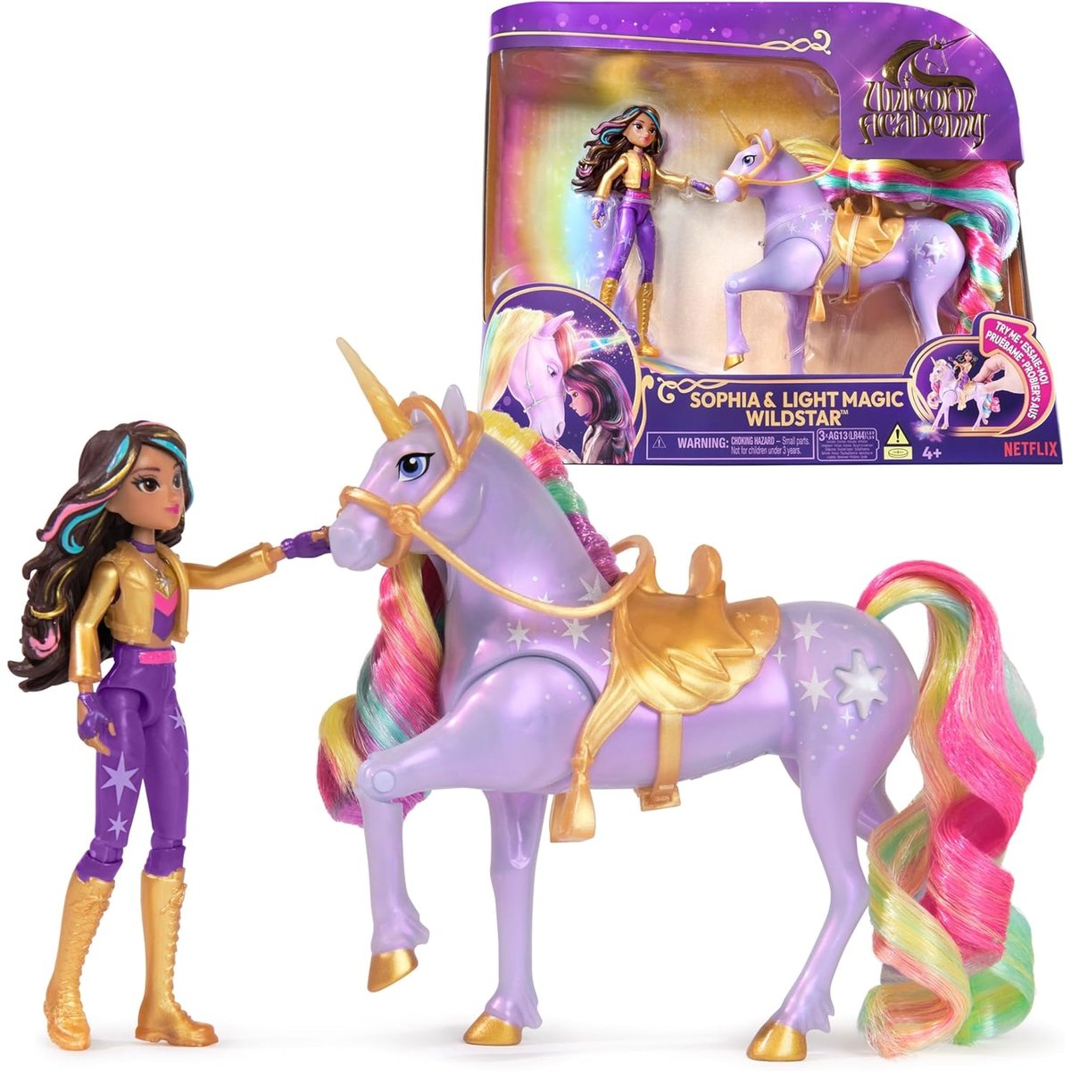 Unicorn Academy Licorne Wildstar Avec Lumières et Poupée mannequin Sophia multicolore, SPIN MASTER