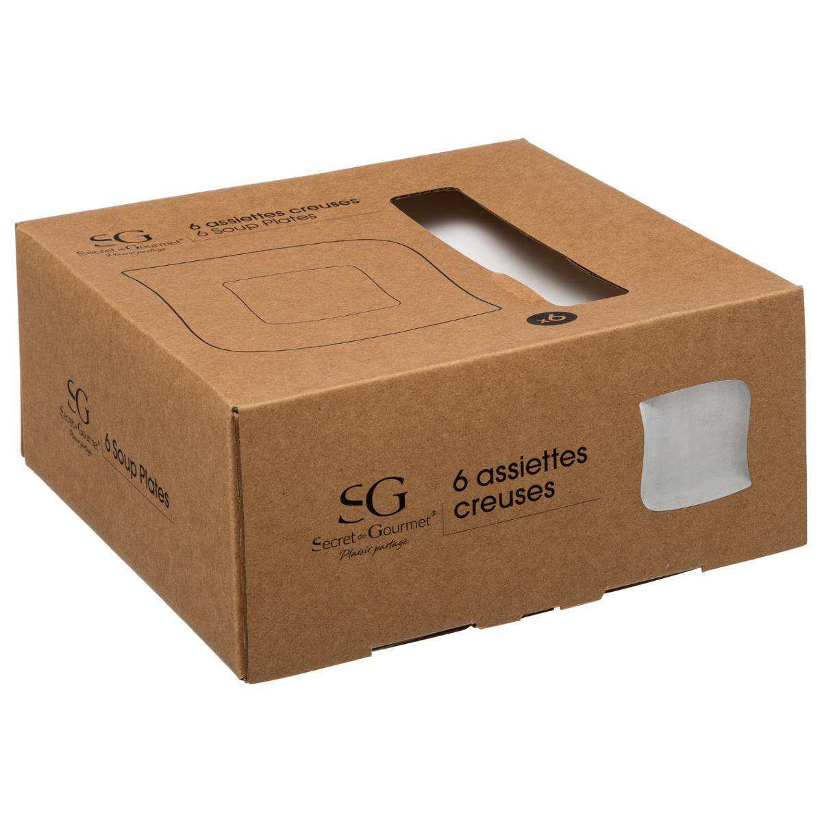 Lot de 6 assiettes creuses carrées en céramique VAGUE blanc, SECRET DE GOURMET