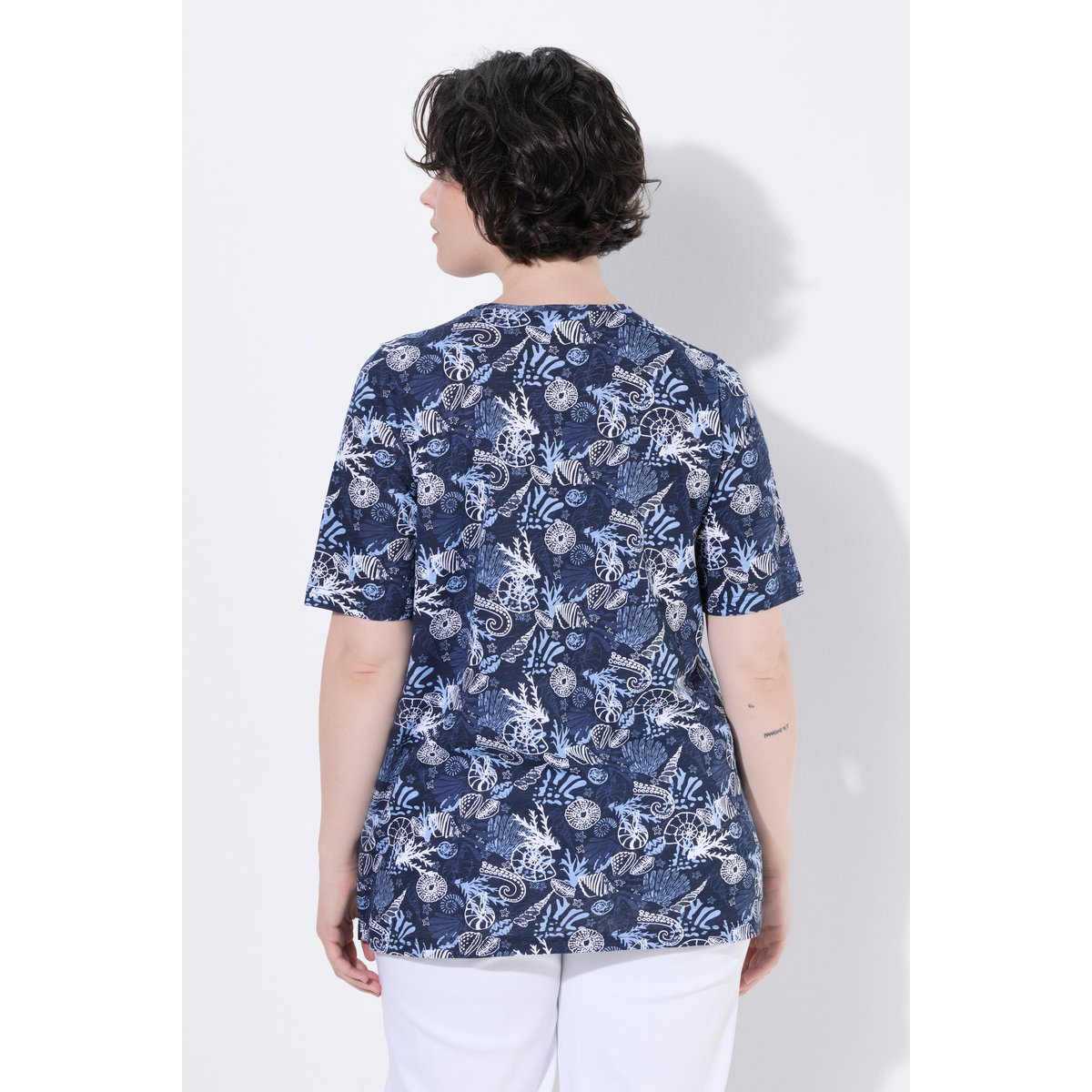 T-shirt avec plis fantaisie, coupe évasée marine, ULLA POPKEN