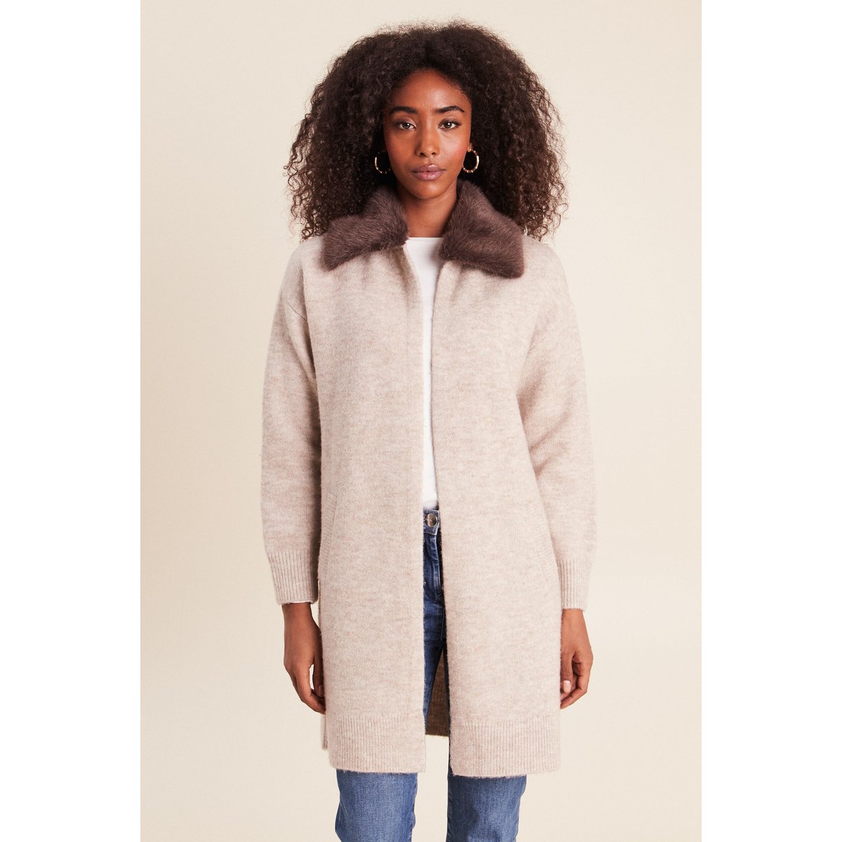 Gilet droit long col chemise beige, BREAL