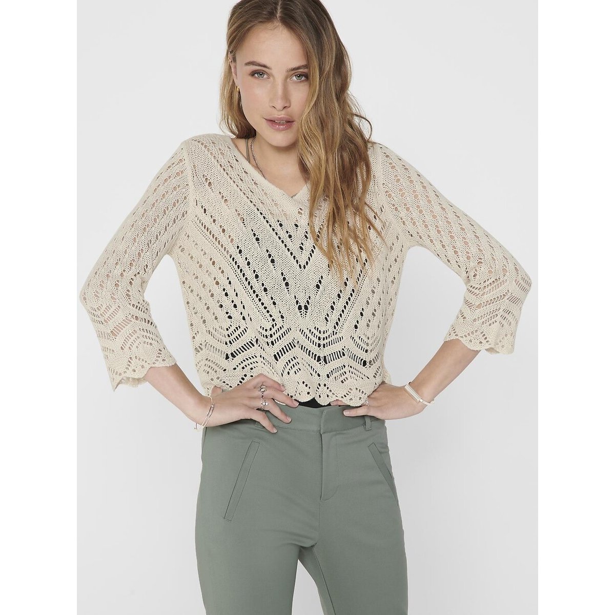 Maglione corto in crochet crema, JDY