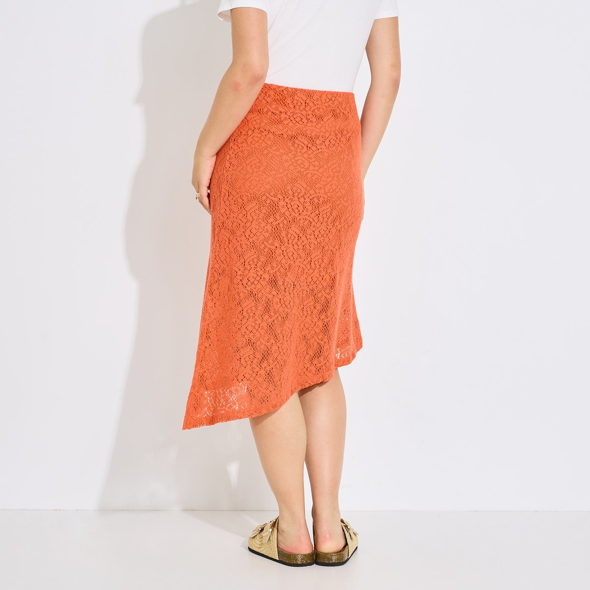 Jupe mi-longue asymétrique en crochet orange rouge, GRAIN DE MALICE
