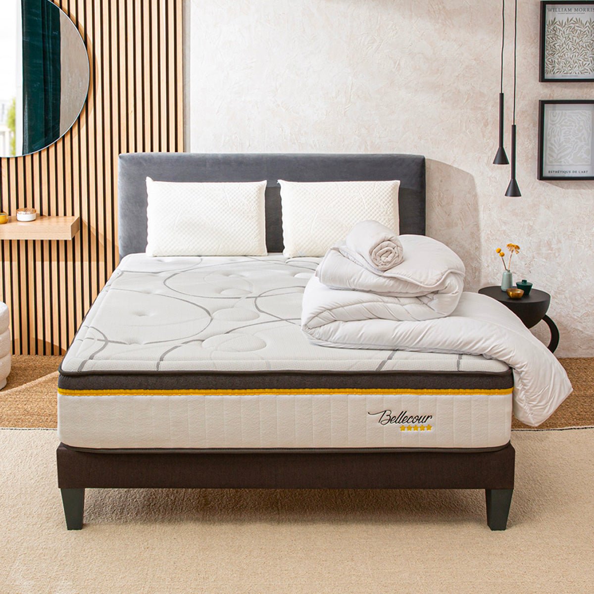 BELLECOUR LITERIE Pack Bellecour 3.0 90x190 cm Matelas Ressorts + Sommier Bois + Accessoires blanc, BELLECOUR