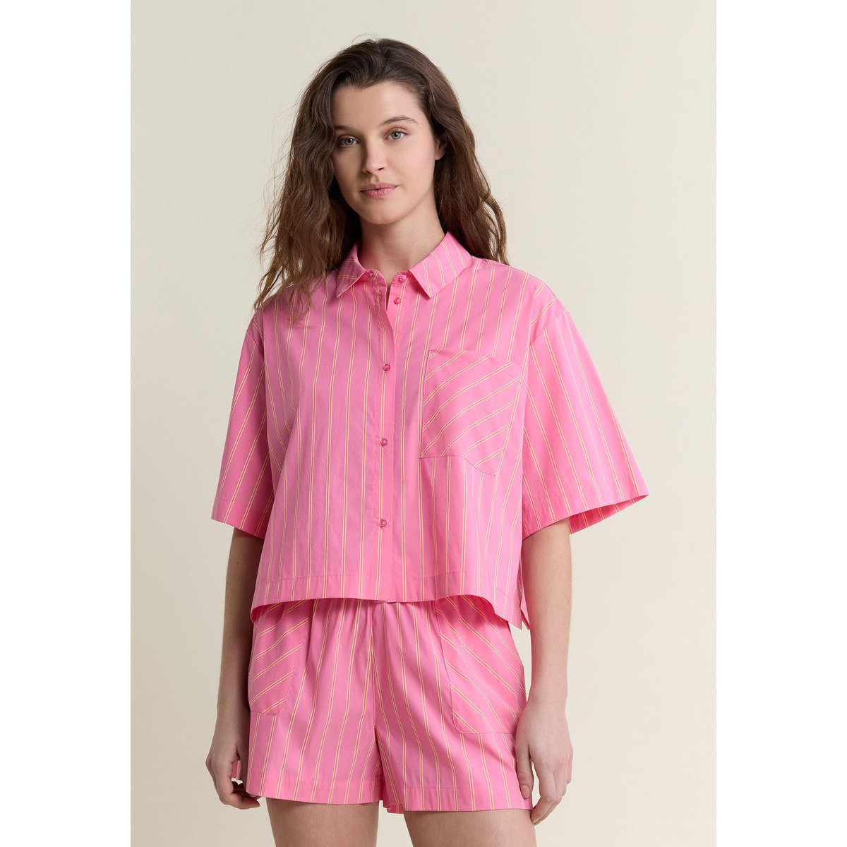 Chemise manches courtes de pyjama à rayures avec coton SAONA imp fond rose, ETAM