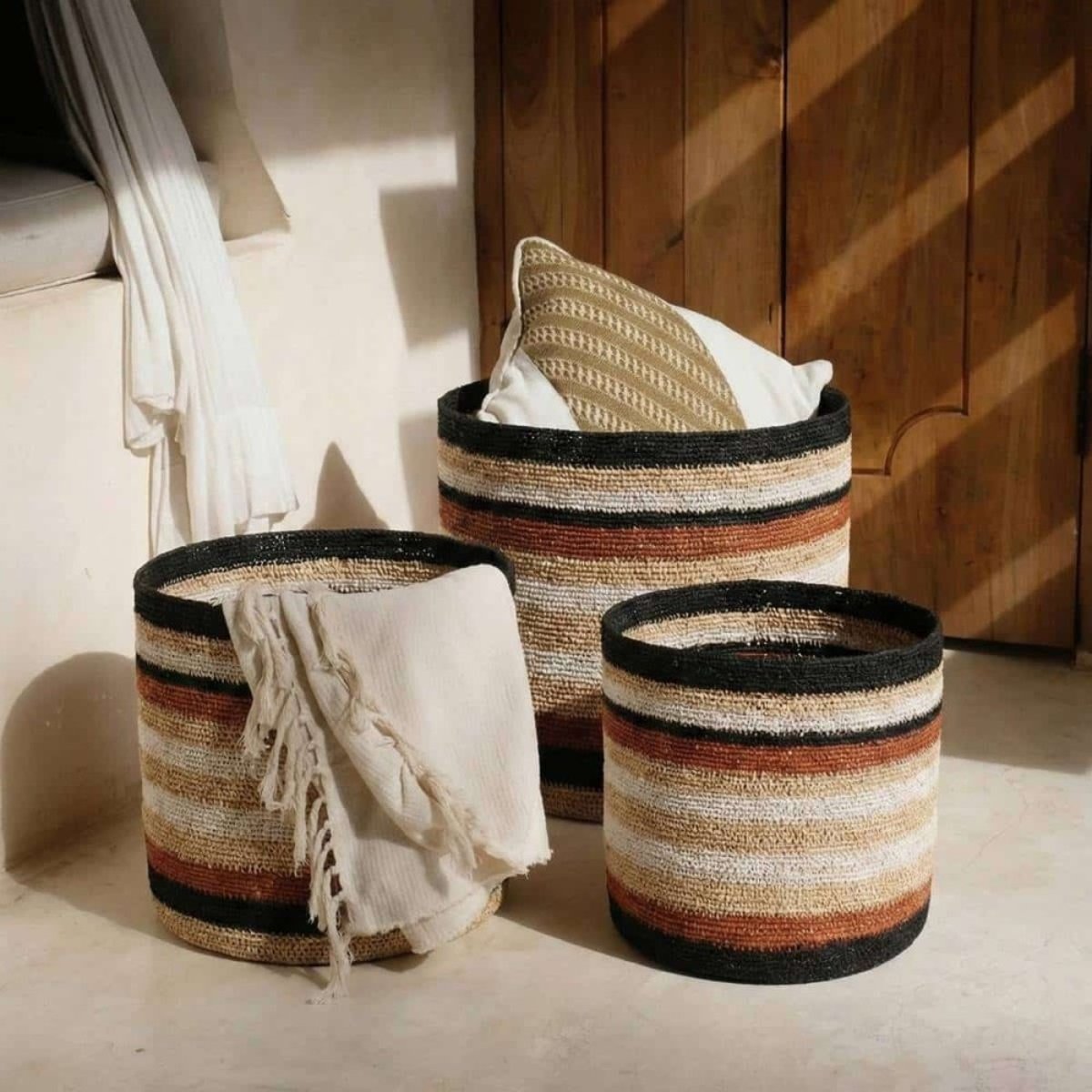 Set de 3 paniers rayé beige, marron en herbes marines marron, ORNAMI