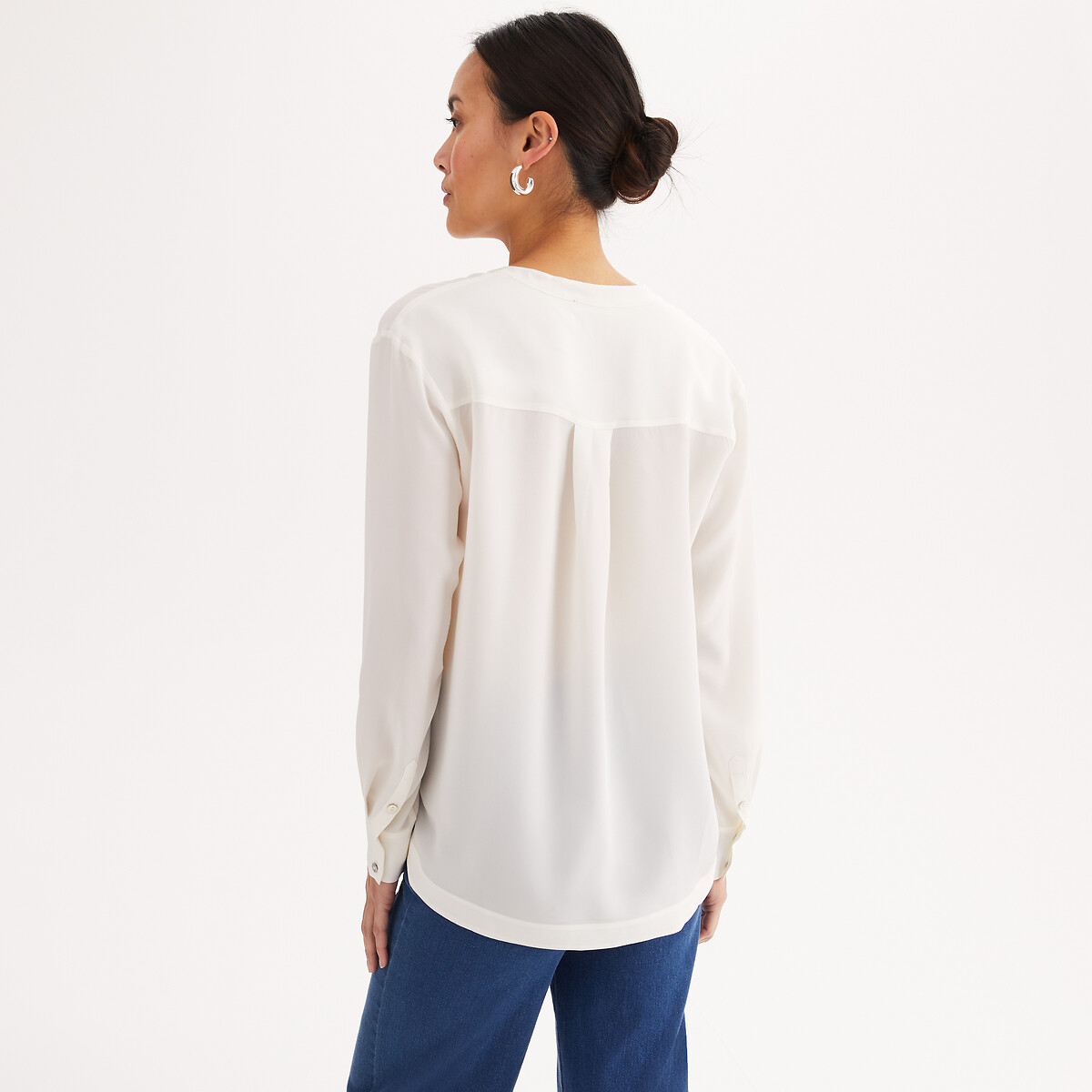 Blouse en soie, col V, manches longues ecru, ANNE WEYBURN