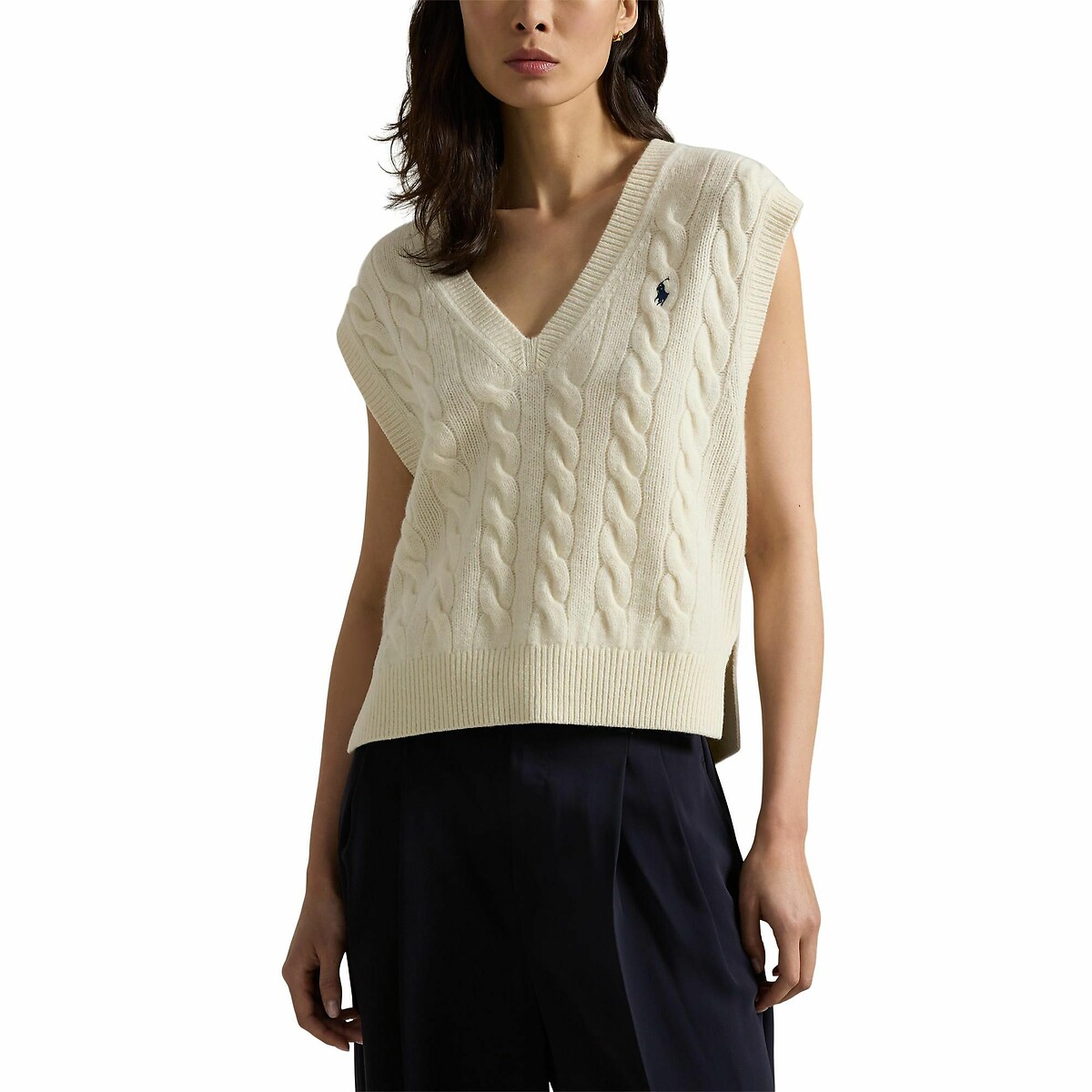 Pull sans manches col v logo poitrine crème, POLO RALPH LAUREN