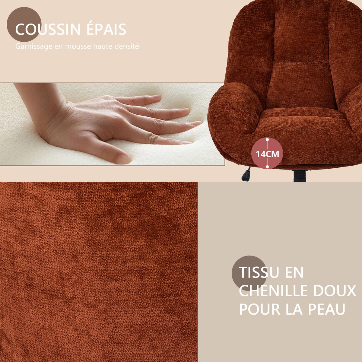 Chaise de bureau pivotante avec dossier inclinable en chenille, LITHOPSFIX CHENILLEO rouge, MEUBLES COSY