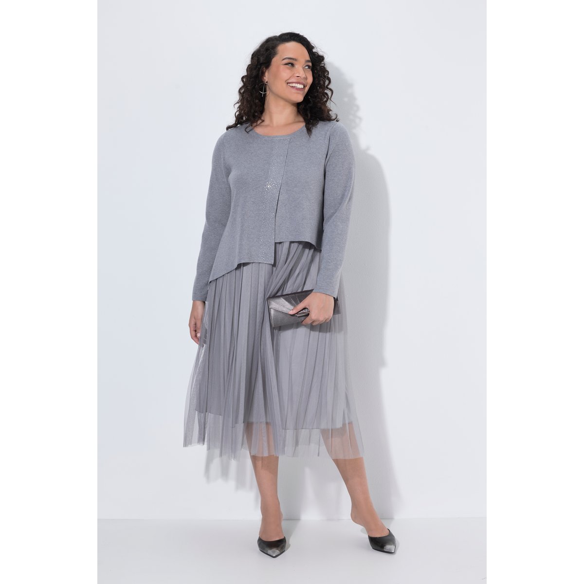 Robe midi, jupe plissée et décolleté rond gris pierre, ULLA POPKEN