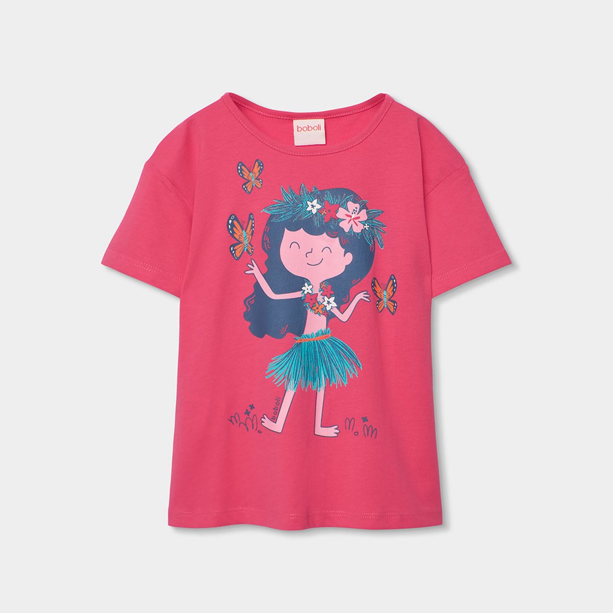 T-shirt fille coton avec imprimé rose, BOBOLI