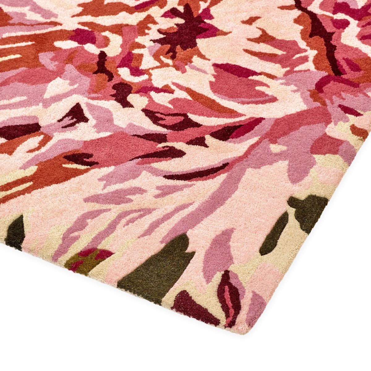 Tapis salon et chambre fait à la main en laine motif floral DAHLIA rose, vert, UN AMOUR DE TAPIS