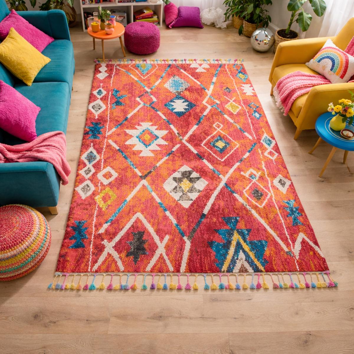 Tapis berbère tissé motifs tribaux LYN5 OURIKA B bleu, jaune, rose, orange, blanc, UN AMOUR DE TAPIS