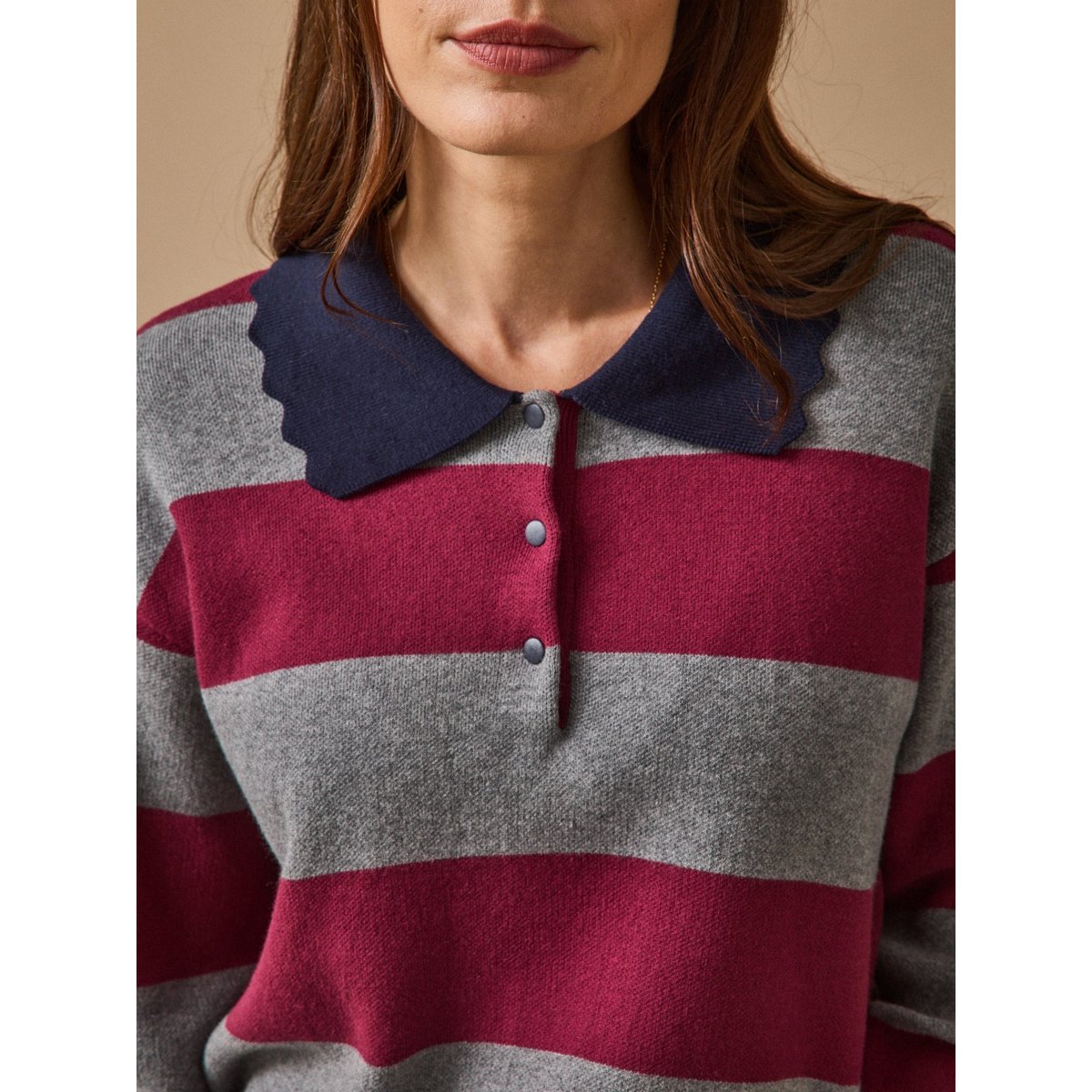 Pull polo coton biologique et cachemire rayure bordeaux, CYRILLUS