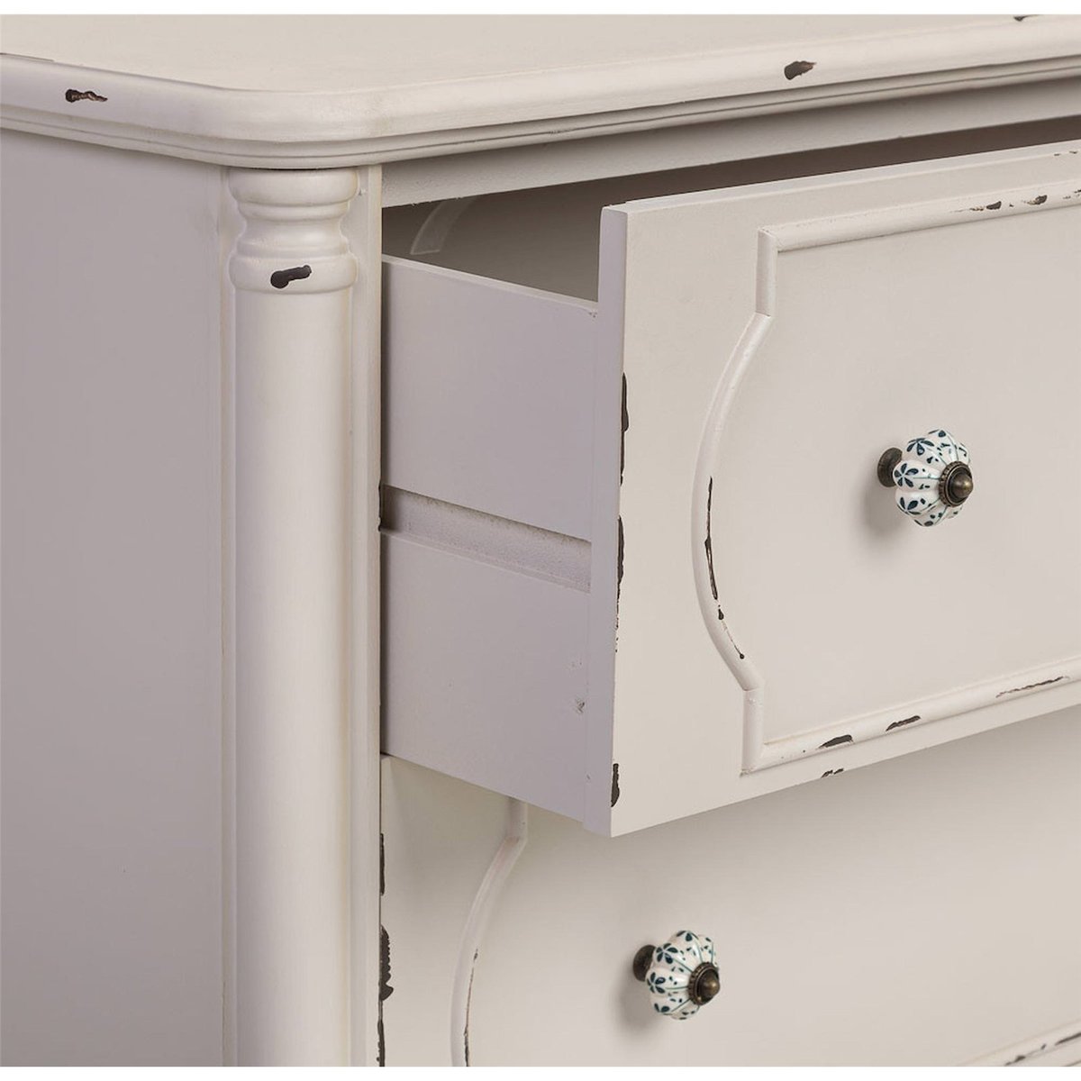 Commode en bois style vintage rectangulaire blanc antique patiné romantique, RECOLLECTION
