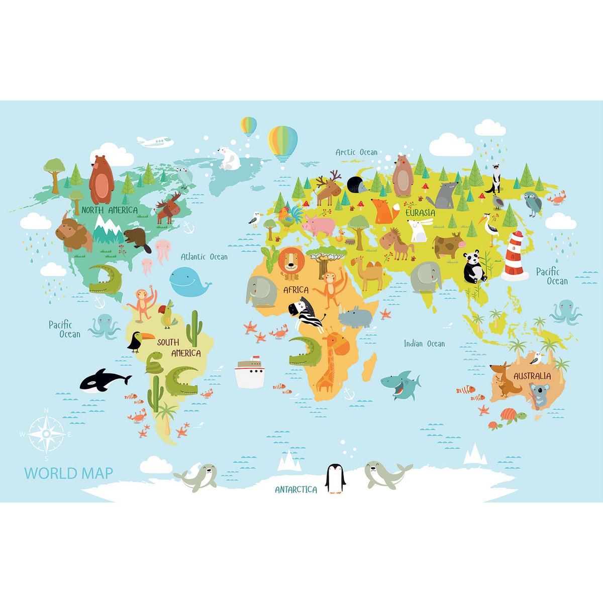 Tableau world map and animals toile imprimée, HEXOA