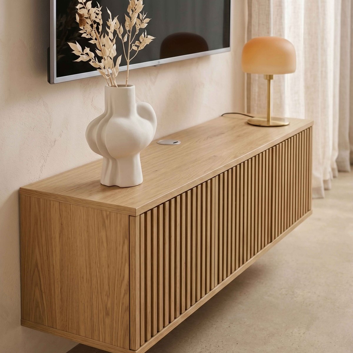 Meuble TV suspendu effet bois clair 120 cm style scandinave, IVY bois clair, OVIALA