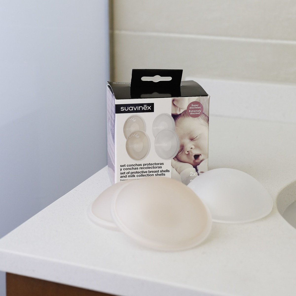 Set 2 coupelles recueille-lait + 2 coupelles protectrices chair, SUAVINEX