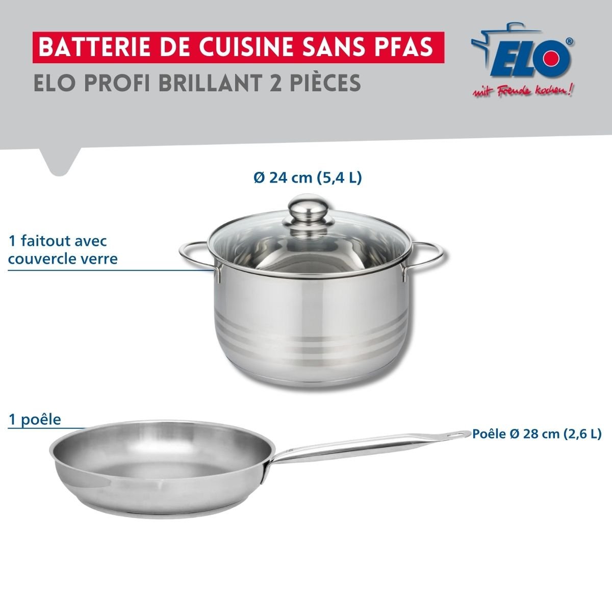 Batterie de cuisine 1 poêle 28cm + 1 faitout 24cm PROFI BRILLANT inox, ELO