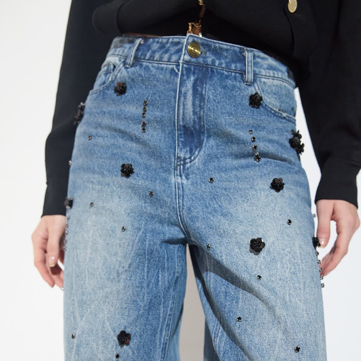 Jeans droit à strass et strass fleuri denim, LOLA CASADEMUNT