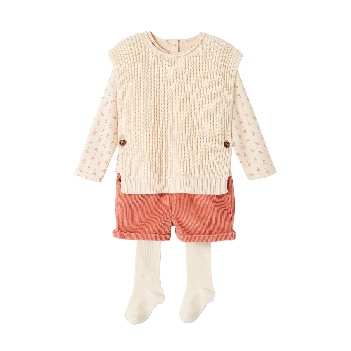 Ensemble 4 pièces bébé : T-shirt + short + pull + collant ART SCHOOL vieux rose, VERTBAUDET