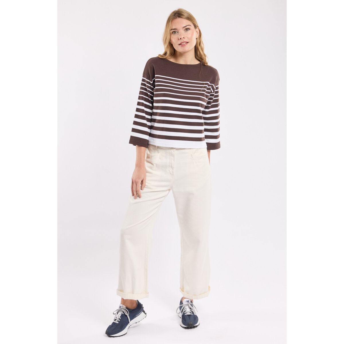 Marinière manches 3/4 en coton brown/blanc, ARMOR-LUX