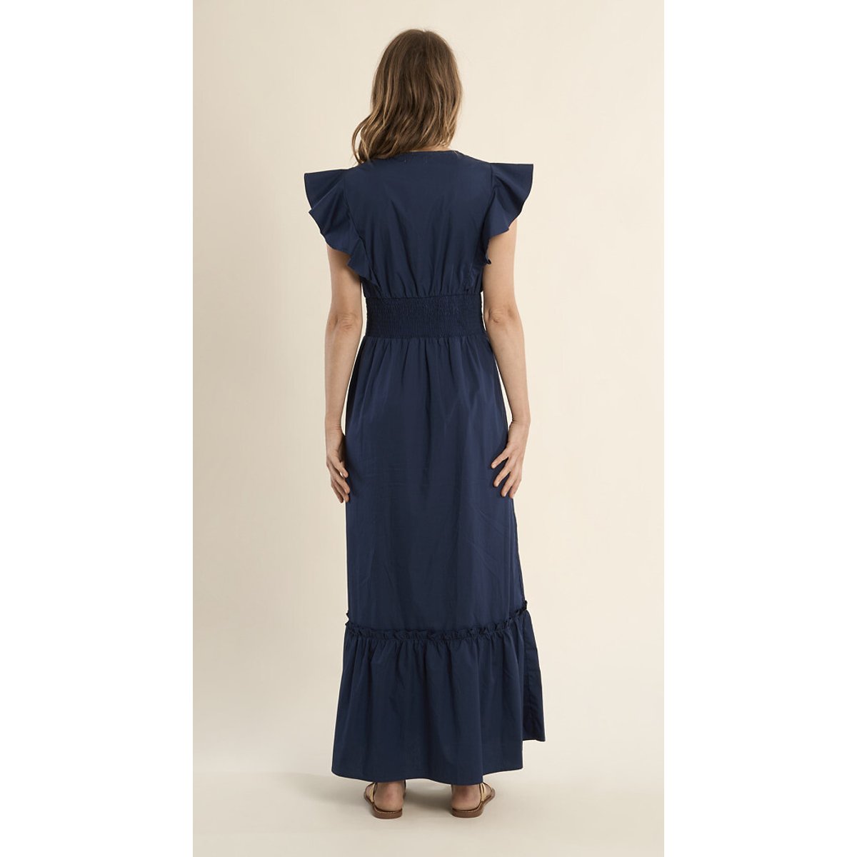 Robe longue manches courtes col V bleu marine, MOLLY BRACKEN