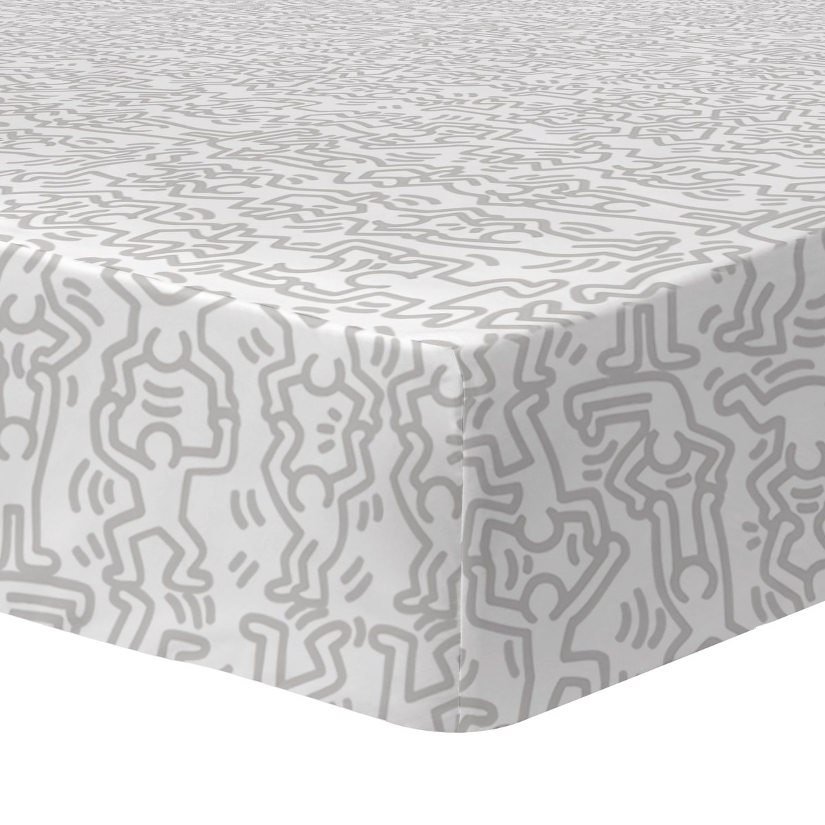 Drap-housse imprimé 100% coton, RED LOVE blanc/gris, KEITH HARING