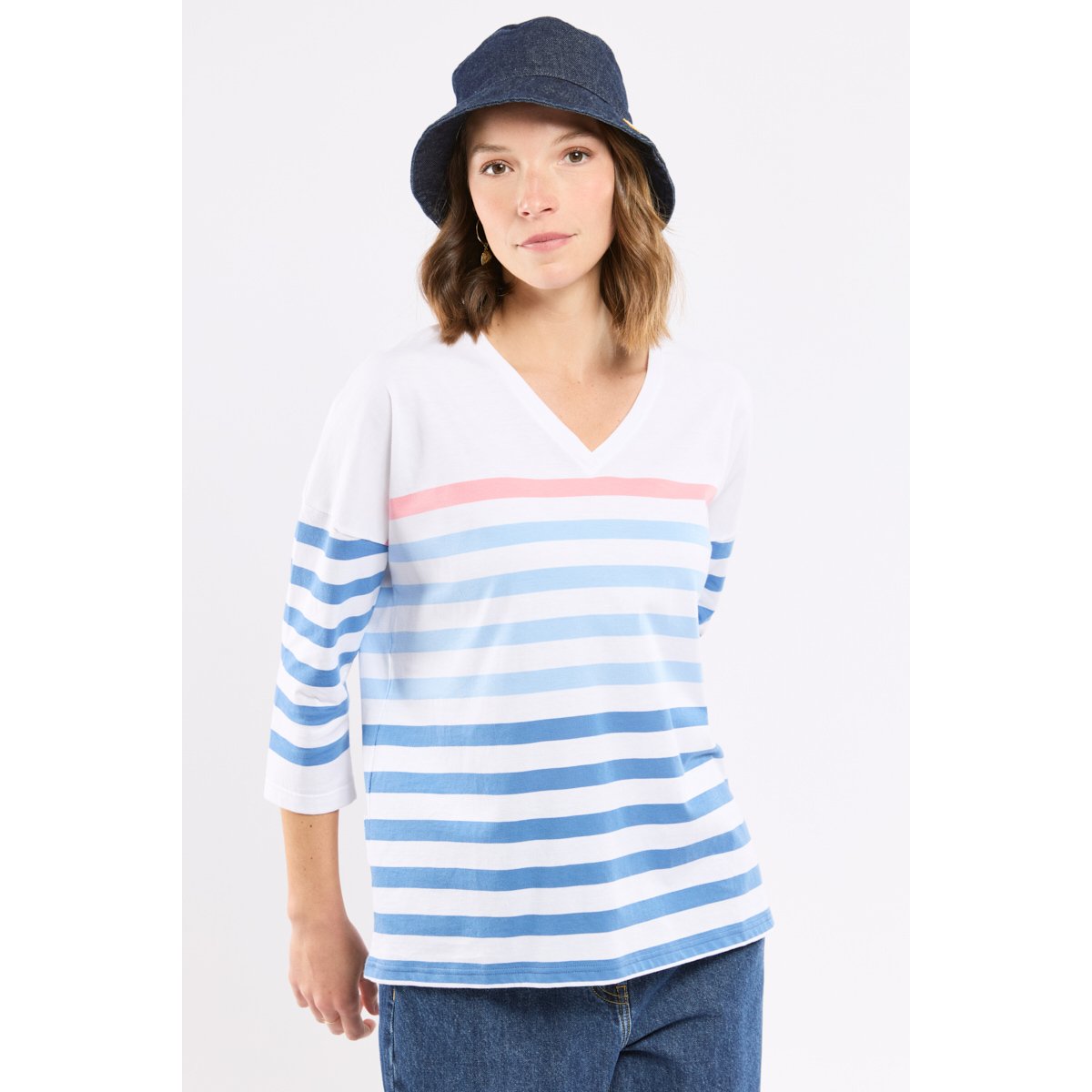 Marinière col V en coton léger blc/federalblue/placidblu/, ARMOR-LUX
