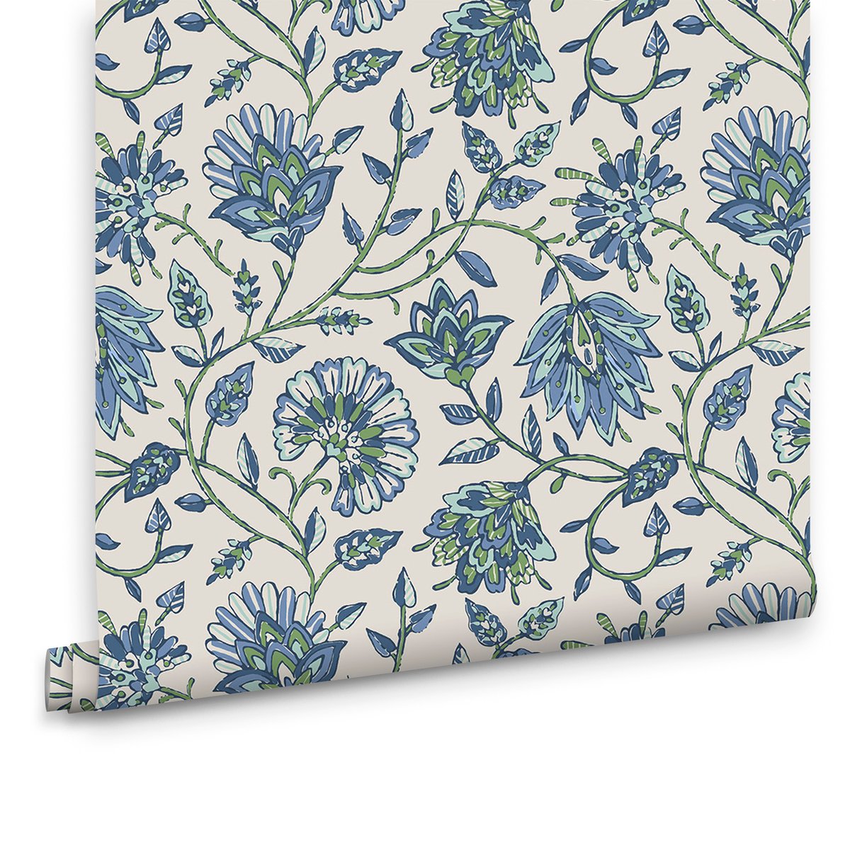 Papier peint fleurs indiennes bleu, JOULES